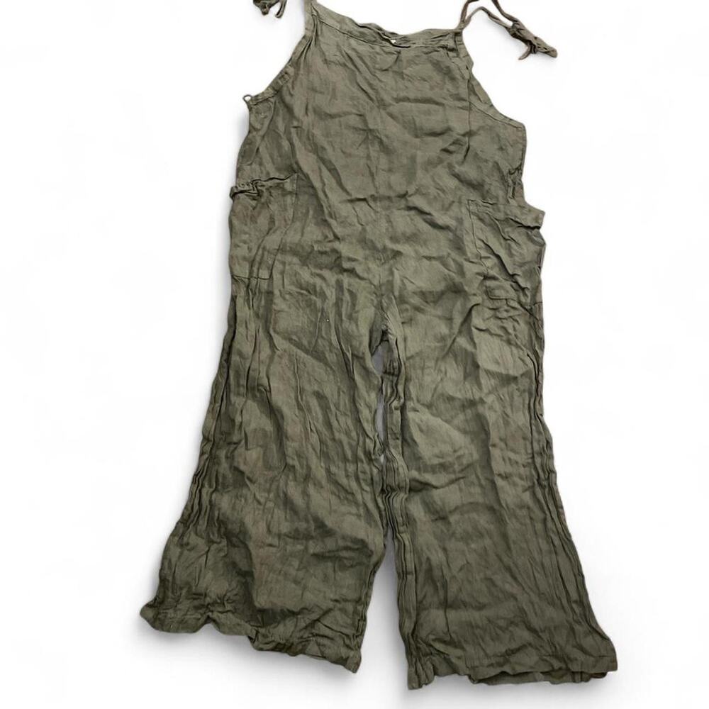 Khaki green linen oversized capri jumpsuit women medium M